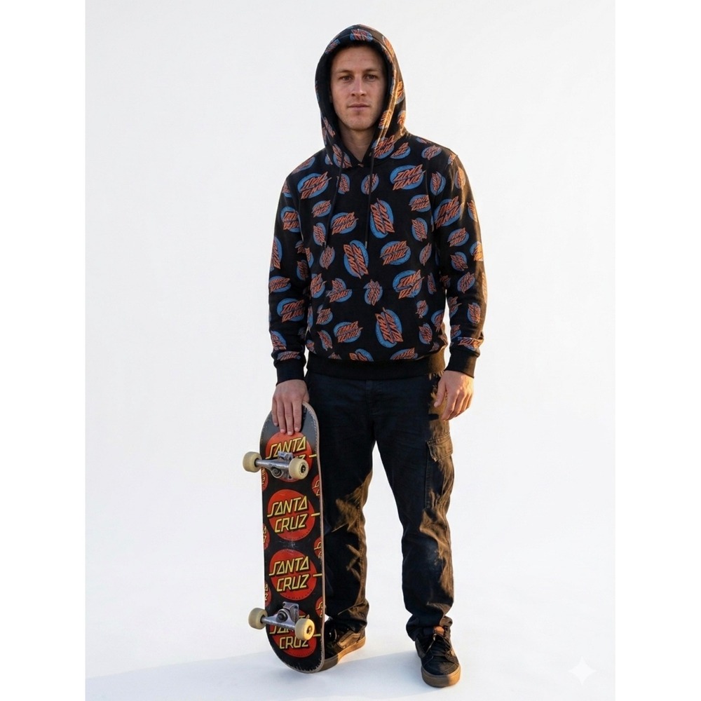 Santa Cruz Skateboards AOP Logo Hoodie Sweatshirt Black Orange Blue Mens Large